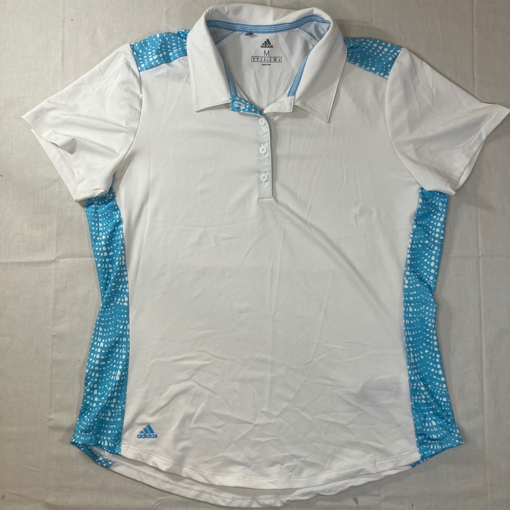 Adidas Womens Golf Polo Shirt White Blue Spotted Side Panels Sz Medium Short Slv